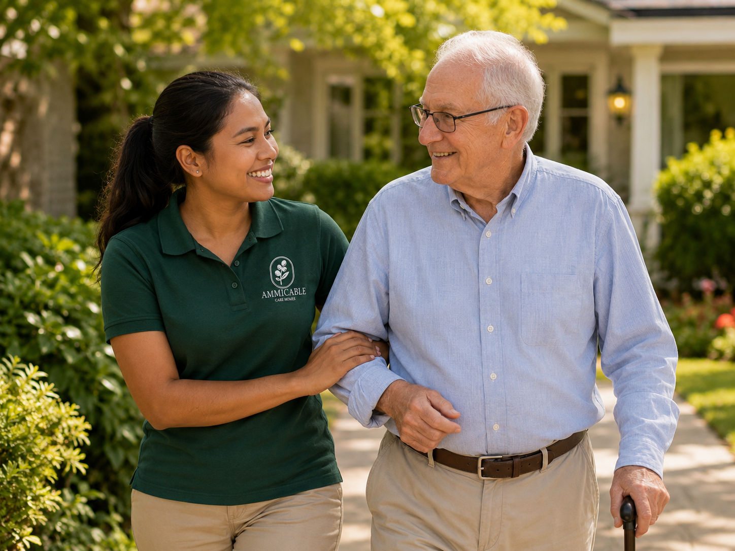 An Ammicable caregiver spending time with an older adult at home