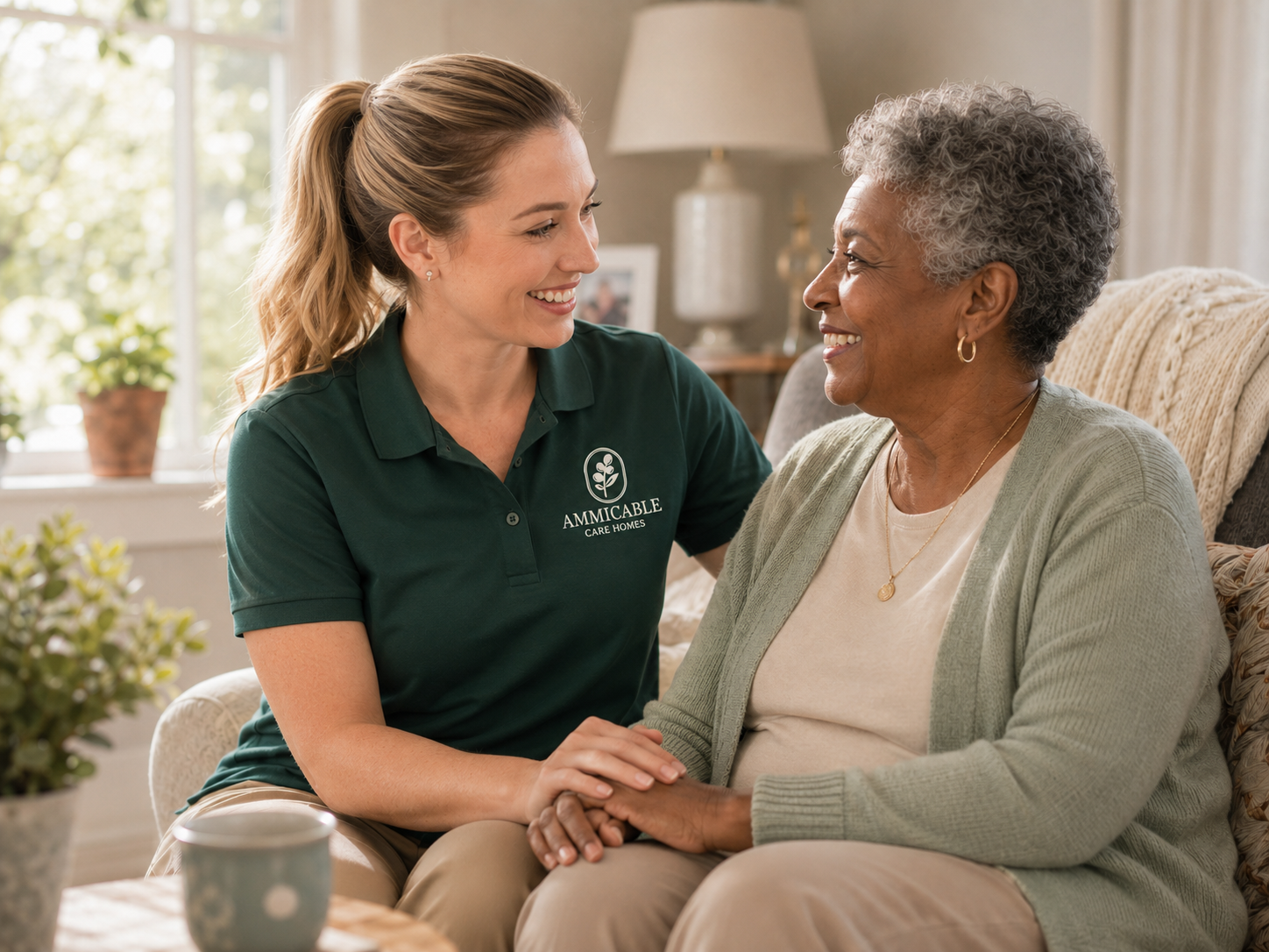 An Ammicable caregiver supporting an older adult during everyday life
