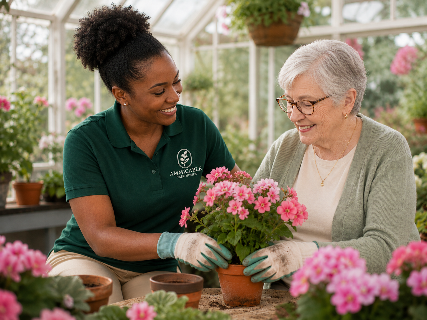 An Ammicable caregiver sharing a warm moment with an older adult
