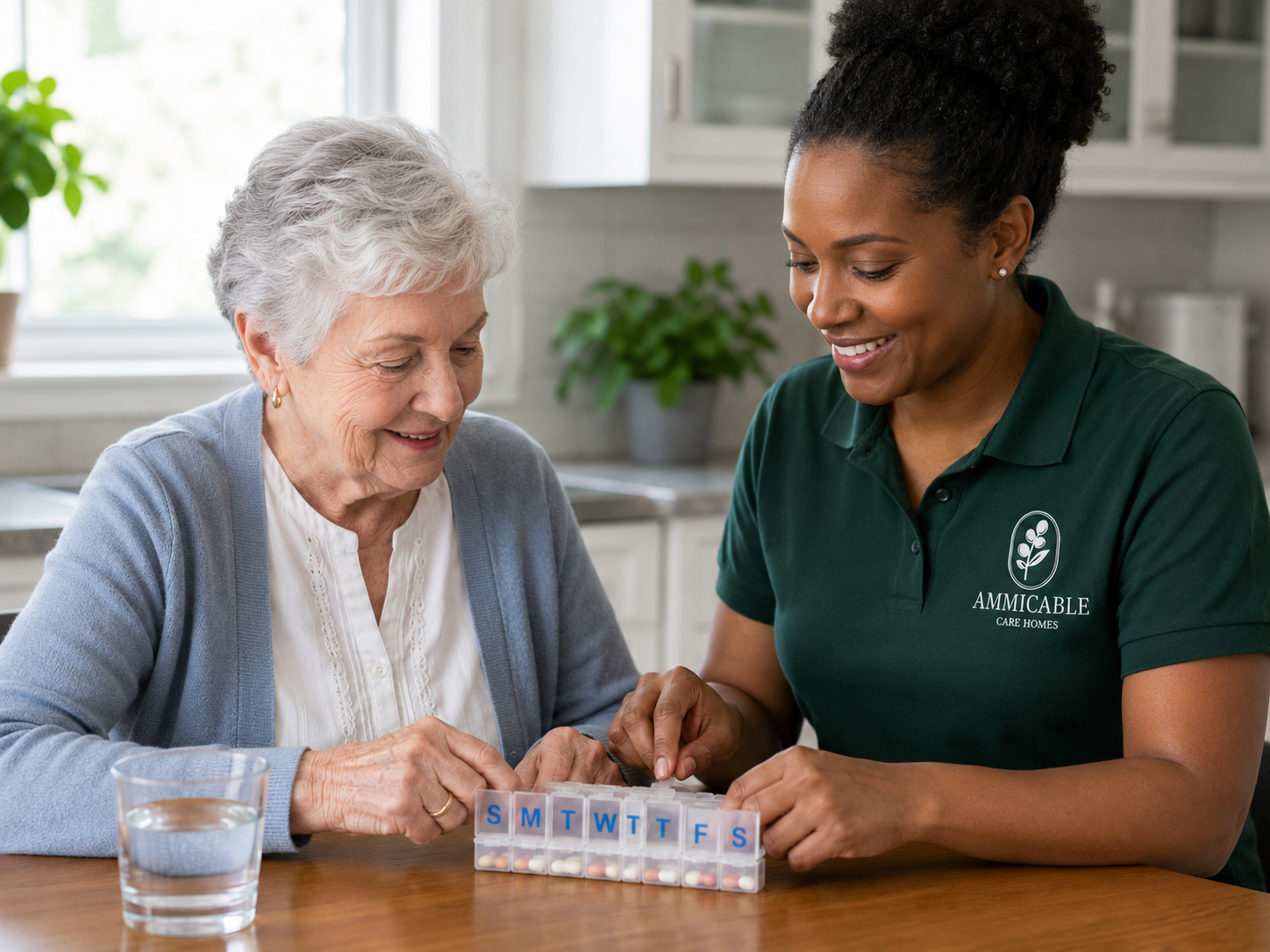 An Ammicable caregiver supporting an older adult using a wheelchair in a garden