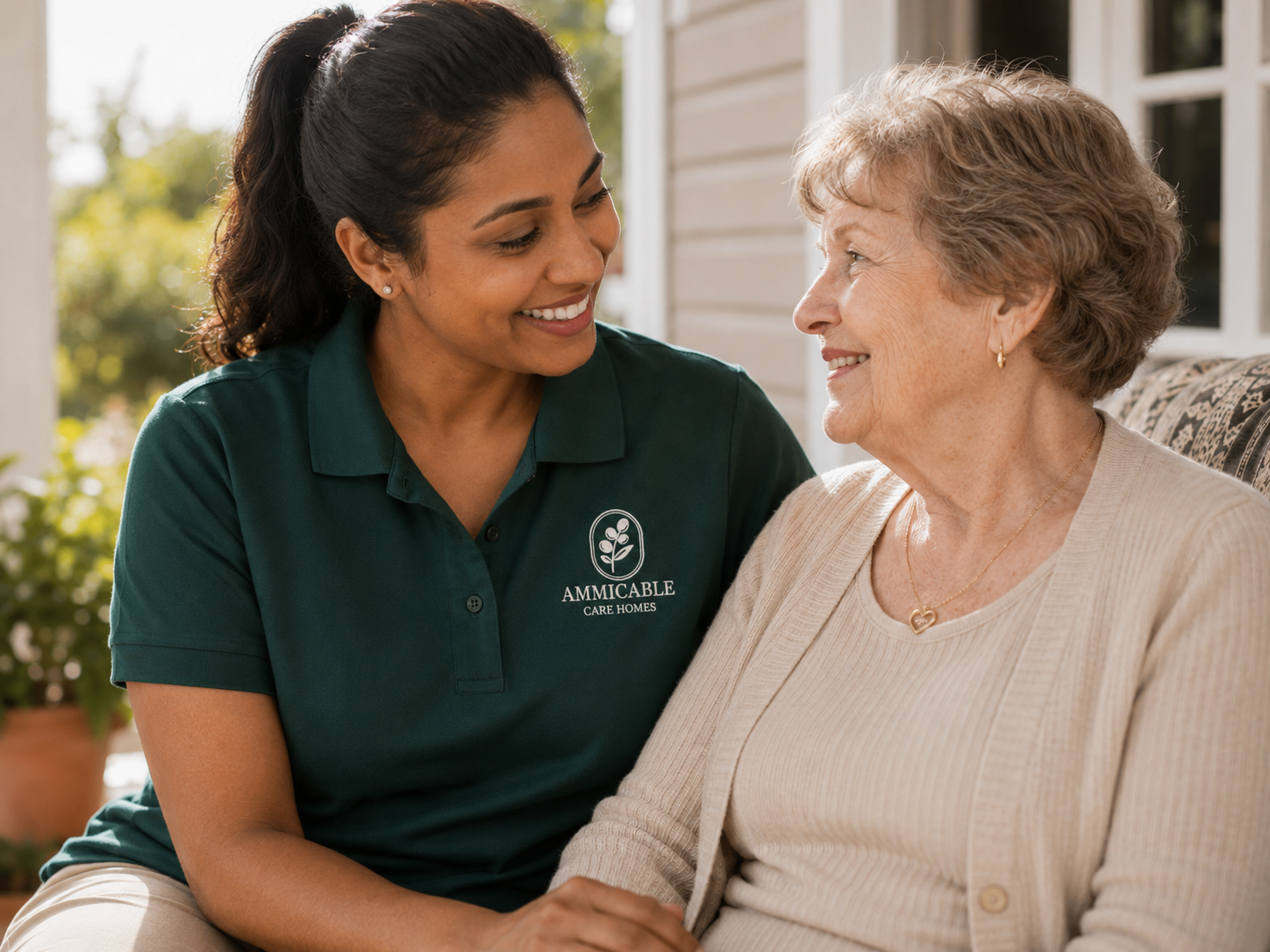 An Ammicable caregiver and older adult enjoying gardening together