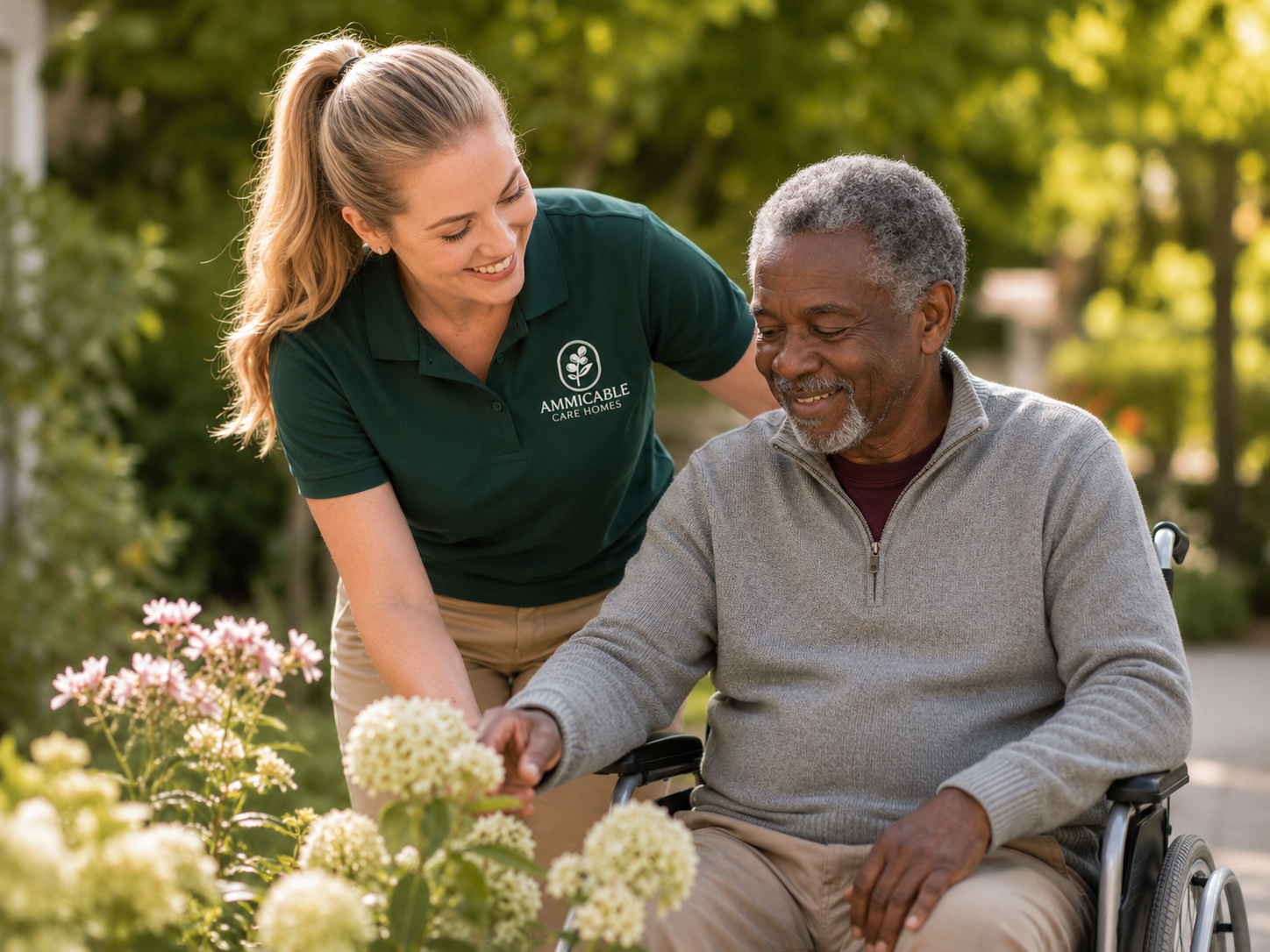 An Ammicable caregiver helping an older adult with daily support