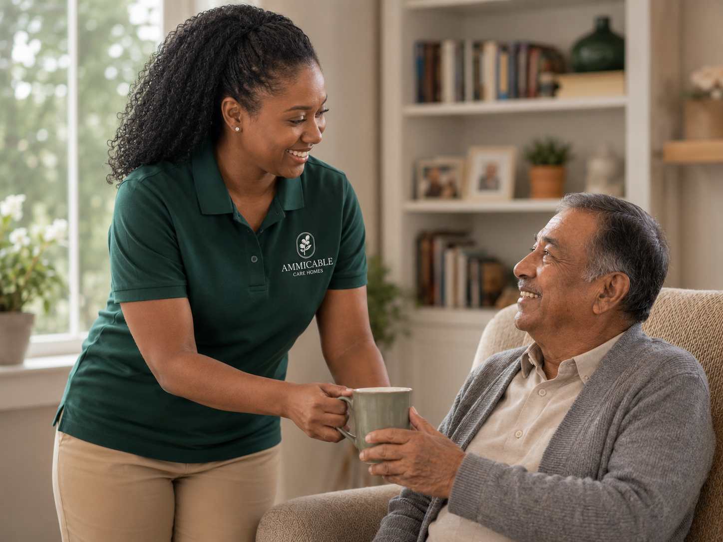 An Ammicable caregiver offering a warm drink to an older adult at home