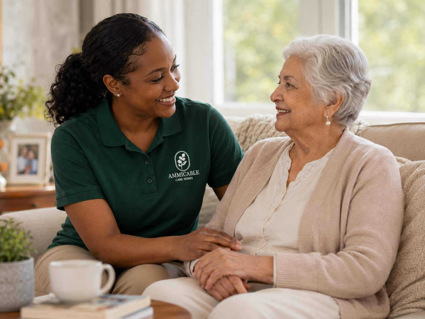 An Ammicable caregiver supporting an older adult while walking outdoors